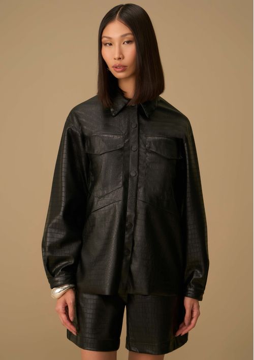 Camisa Maria.Valentina Oversized Gola Clássica Manga Longa Padrão Preto