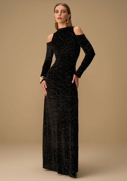 Vestido Maria.Valentina Ajustado Gola Alta Manga Longa Longo Preto