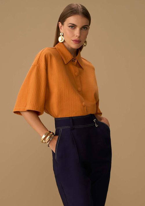 Camisa Maria.Valentina Solta Gola Tradicional Manga Curta Cropped Laranja