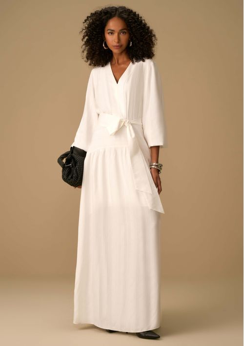 Vestido Maria.Valentina Ajustado Decote V Manga Longa Midi Off White