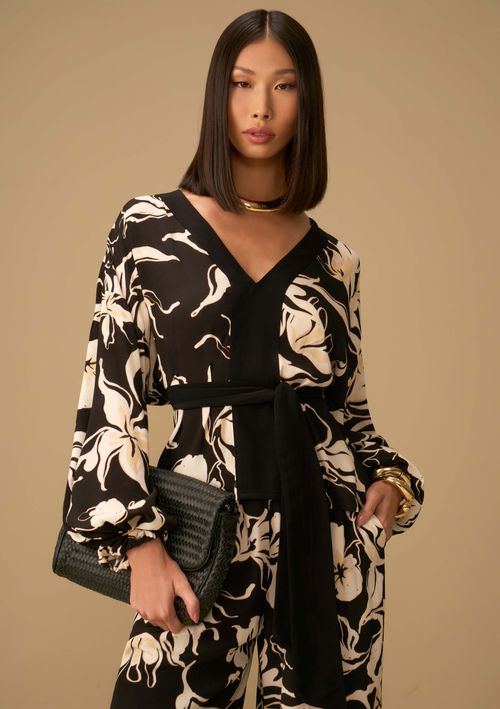 Blusa Maria.Valentina Solta Decote V Manga Longa Padrão Preto