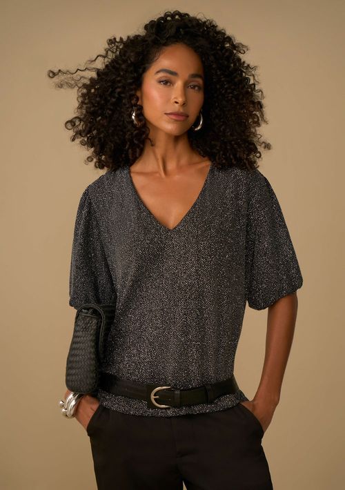 Blusa Maria.Valentina Solta Decote V Manga Curta Cropped Preto