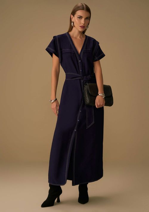 Vestido Maria.Valentina Solto Decote V Manga Curta Longo Azul Escuro