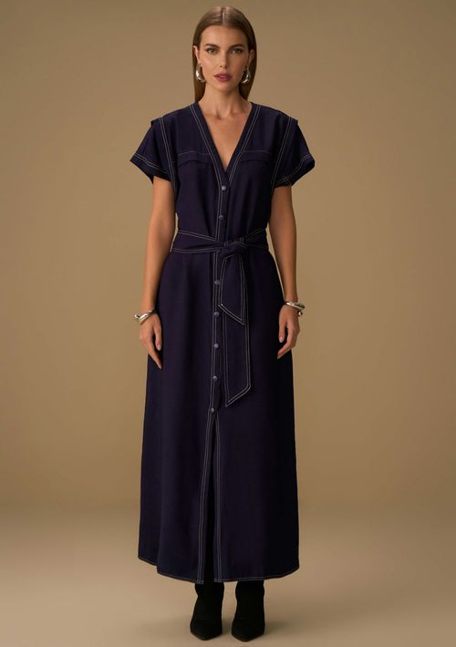 Vestido Maria.Valentina Solto Decote V Manga Curta Longo Azul Escuro