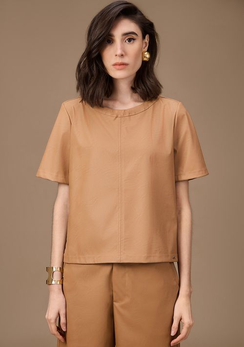 Blusa Maria.Valentina Solta Decote Careca Manga Curta Padrão Marrom