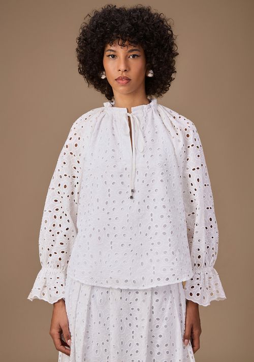Blusa Maria.Valentina Solta Decote V Manga Longa Padrão Branco