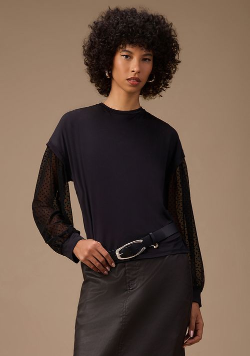 Blusa Maria.Valentina Ajustada Decote Careca Manga Longa Padrão Preto
