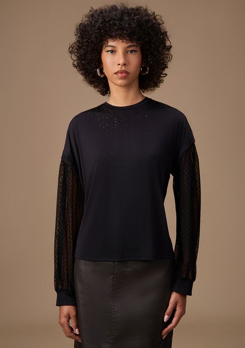 Blusa Maria.Valentina Ajustada Decote Careca Manga Longa Padrão Preto