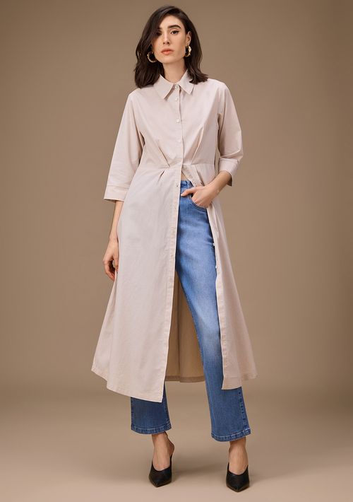 Vestido Maria.Valentina Solto Polo Manga Longa Midi Bege