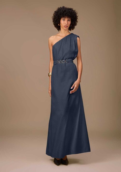 Vestido Maria.Valentina Solto Um Ombro Só Sem Manga Longo Azul Escuro