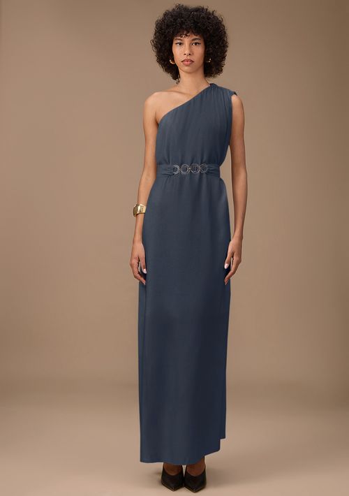 Vestido Maria.Valentina Solto Um Ombro Só Sem Manga Longo Azul Escuro