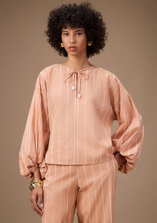 Blusa Maria.Valentina Solta Decote Reto Manga Longa Padrão Bege