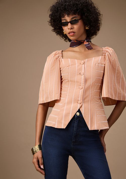 Blusa Maria.Valentina Ajustada Decote V Manga Curta Padrão Bege