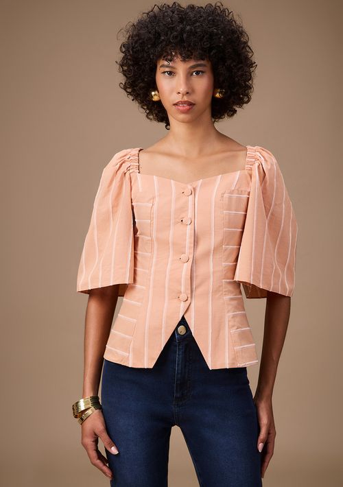 Blusa Maria.Valentina Ajustada Decote V Manga Curta Padrão Bege