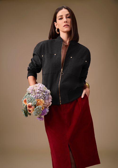 Jaqueta Maria.Valentina Ajustada Manga Longa Padrão Preto