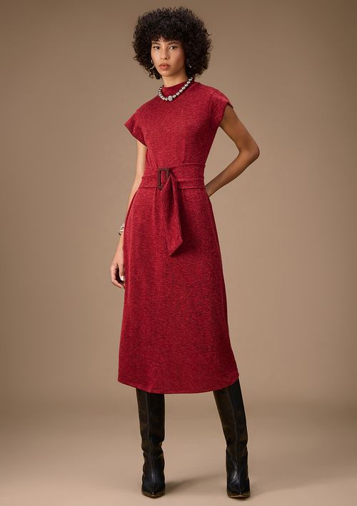 Vestido Maria.Valentina Ajustado Gola Alta Manga Curta Longo Bordo