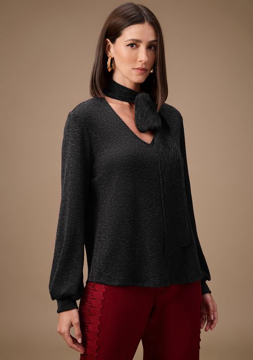 Blusa Maria.Valentina Ajustada Decote V Manga Longa Padrão Preto