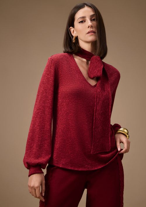 Blusa Maria.Valentina Ajustada Decote V Manga Longa Padrão Bordo