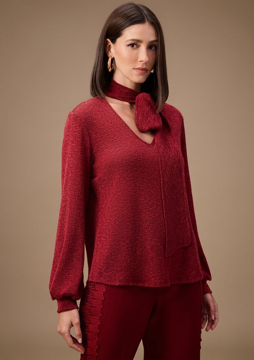 Blusa Maria.Valentina Ajustada Decote V Manga Longa Padrão Bordo