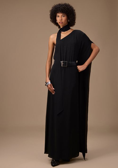 Vestido Maria.Valentina Ajustado Um Ombro Só Manga Longa Longo Preto