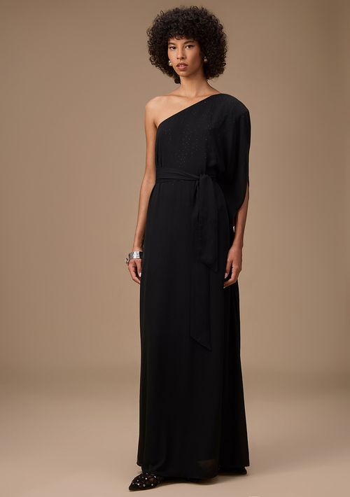 Vestido Maria.Valentina Ajustado Um Ombro Só Manga Longa Longo Preto