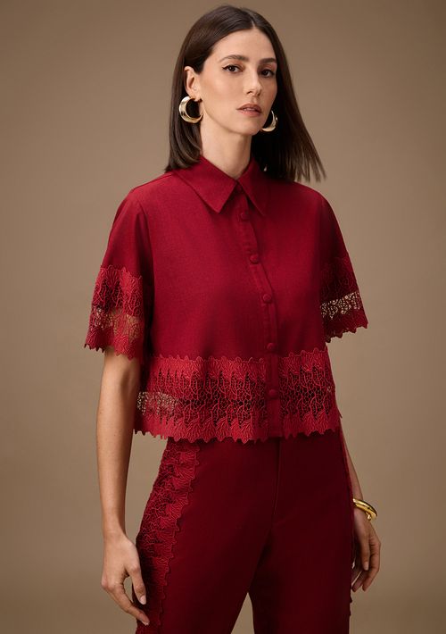Camisa Maria.Valentina Ajustada Gola Tradicional Manga Curta Padrão Bordo