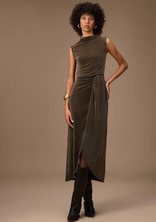 Vestido Maria.Valentina Ajustado Gola Alta Sem Manga Midi Dourado