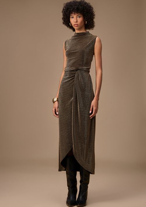 Vestido Maria.Valentina Ajustado Gola Alta Sem Manga Midi Dourado