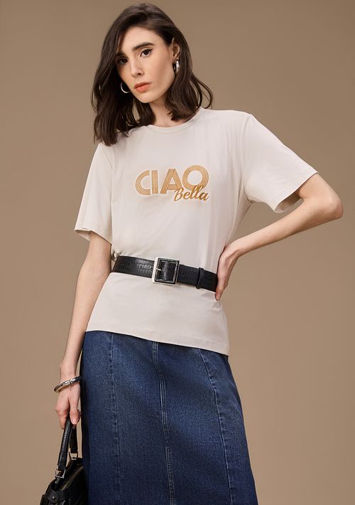 Camiseta Maria.Valentina Solta Decote Careca Manga Curta Padrão Off White