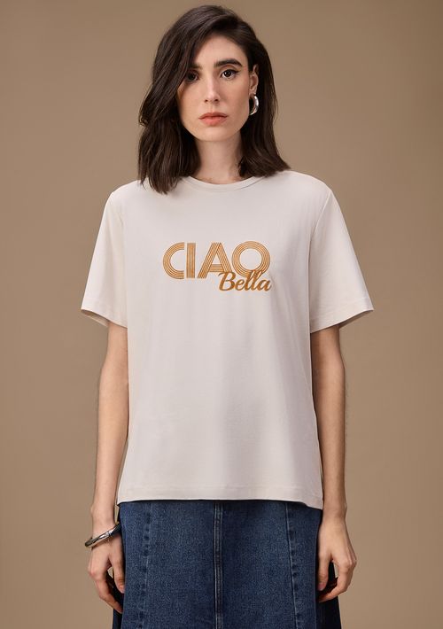 Camiseta Maria.Valentina Solta Decote Careca Manga Curta Padrão Off White