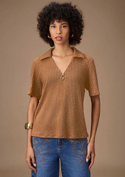Blusa Maria.Valentina Solta Polo Manga Curta Padrão Marrom
