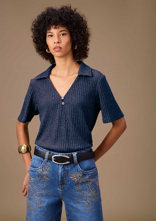 Blusa Maria.Valentina Solta Polo Manga Curta Padrão Azul Escuro
