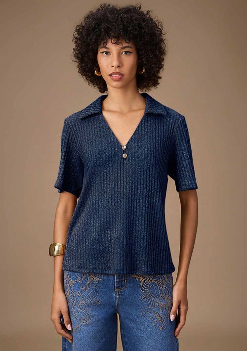 Blusa Maria.Valentina Solta Polo Manga Curta Padrão Azul Escuro