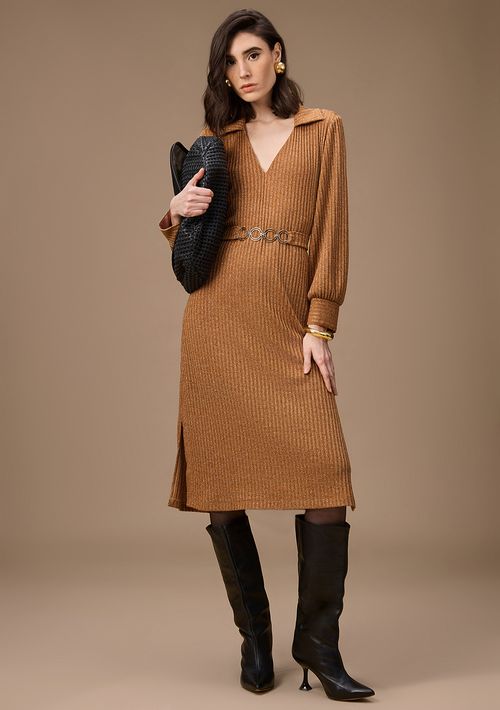 Vestido Maria.Valentina Ajustado Polo Manga Longa Midi Marrom