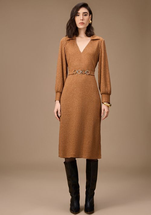 Vestido Maria.Valentina Ajustado Polo Manga Longa Midi Marrom