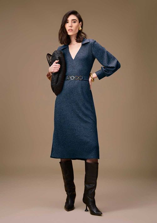 Vestido Maria.Valentina Ajustado Polo Manga Longa Midi Azul Escuro