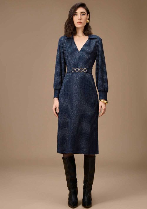Vestido Maria.Valentina Ajustado Polo Manga Longa Midi Azul Escuro