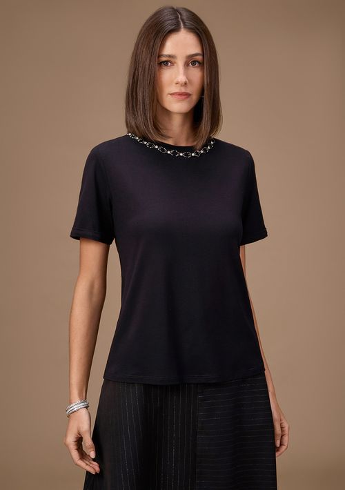 Camiseta Maria.Valentina Solta Decote Careca Manga Curta Padrão Preto