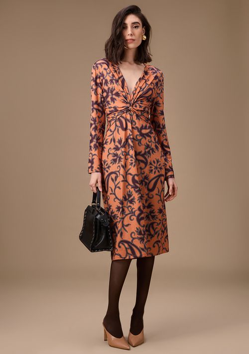 Vestido Maria.Valentina Ajustado Decote V Manga Longa Midi Marrom
