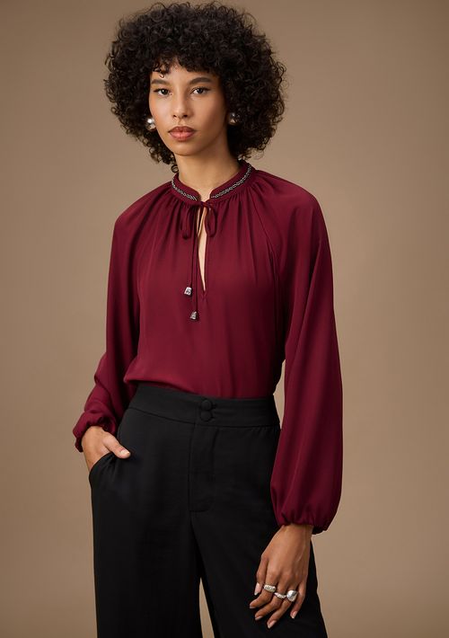 Blusa Maria.Valentina Solta Decote Careca Manga Longa Padrão Bordo