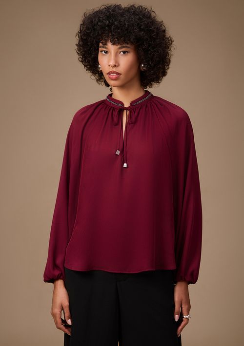 Blusa Maria.Valentina Solta Decote Careca Manga Longa Padrão Bordo