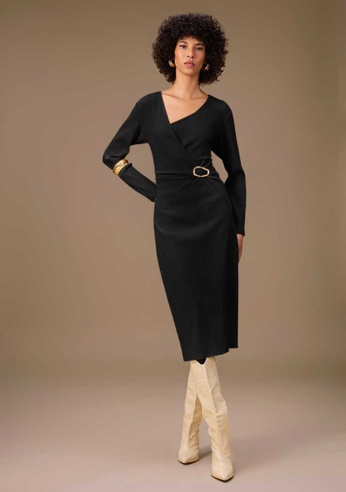 Vestido Maria.Valentina Ajustado Gola Alta Manga Longa Midi Preto