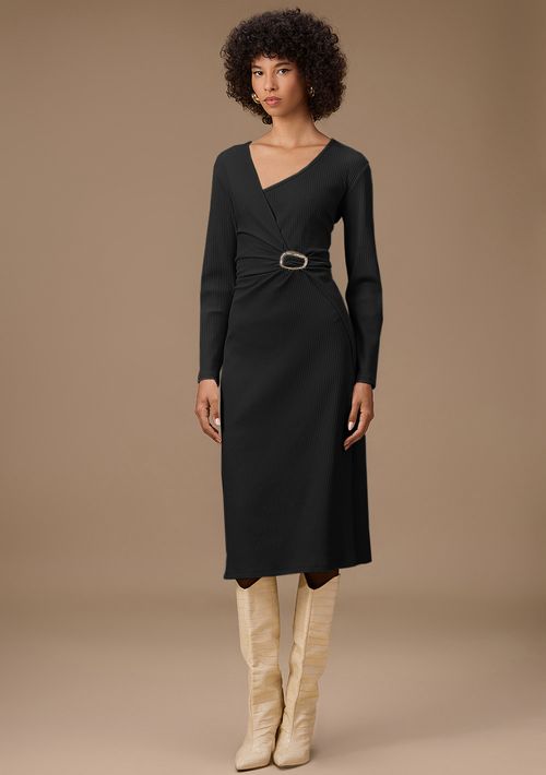 Vestido Maria.Valentina Ajustado Gola Alta Manga Longa Midi Preto
