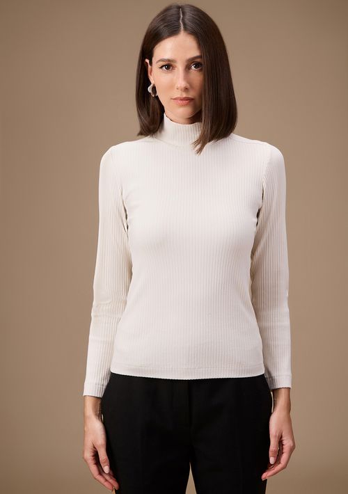 Blusa Maria.Valentina Ajustada Gola Alta Manga Longa Padrão Off White