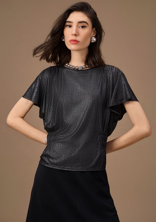 Blusa Maria.Valentina Ajustada Decote Careca Manga Curta Padrão Preto