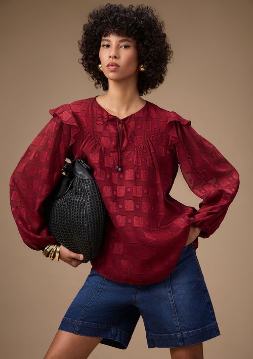 Blusa Maria.Valentina Oversized Decote Careca Manga Longa Padrão Bordo
