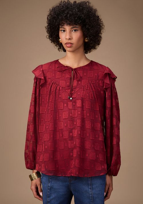 Blusa Maria.Valentina Oversized Decote Careca Manga Longa Padrão Bordo