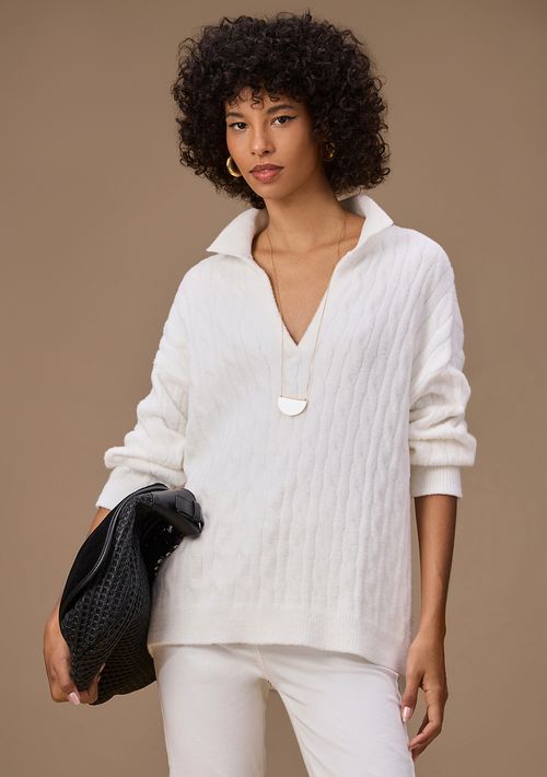 Blusa Maria.Valentina Solta Polo Manga Longa Padrão Branco