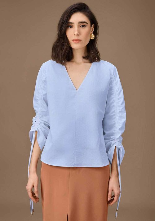 Blusa Maria.Valentina Solta Decote V Manga 7 Oitavos Padrão Azul