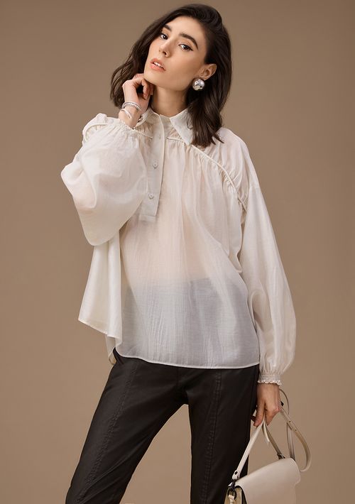 Camisa Maria.Valentina Oversized Gola Clássica Manga Longa Padrão Off White